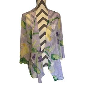 Chicos Open Front Sheer Cardigan Top Lavender Floral 3 Size 12 Large Tunic
